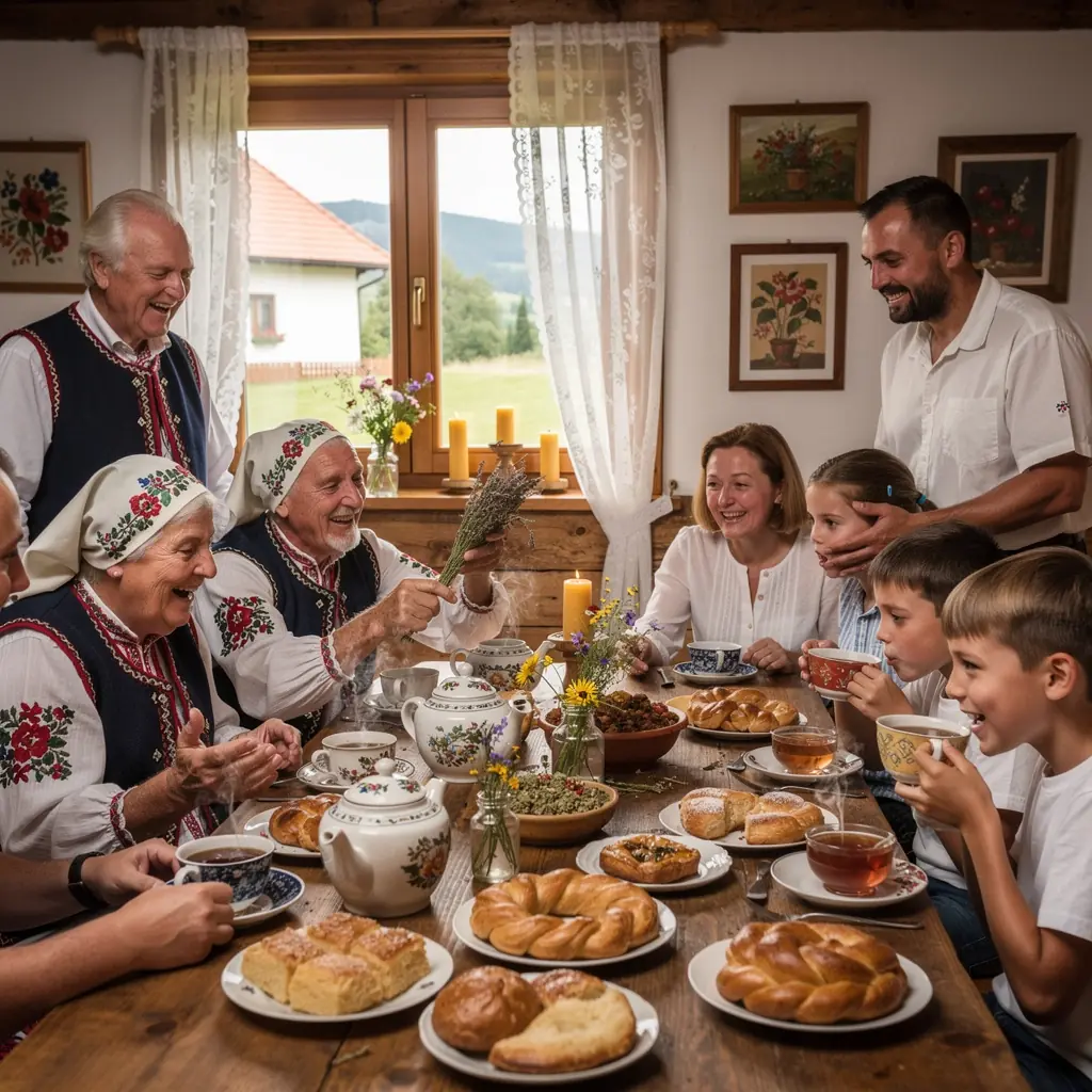 Záber na krásne zabalenej kolekcii čajov s historickými vzormi.