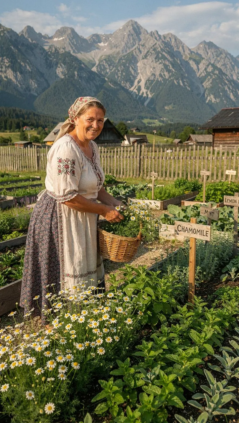 Ručne robené čajové konvičky a šálky na drevenom stole s bylinkami okolo.